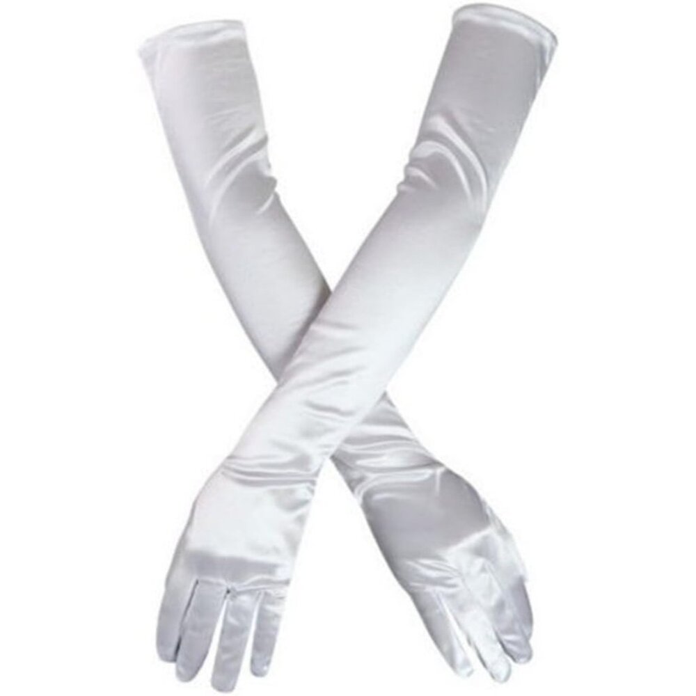 Women's White Evening Long Satin Finger Gloves Halloween Wedding Party Prom